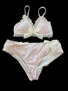 Pink & Cream Ruffle Bow Strappy Swim Top Set Size Medium